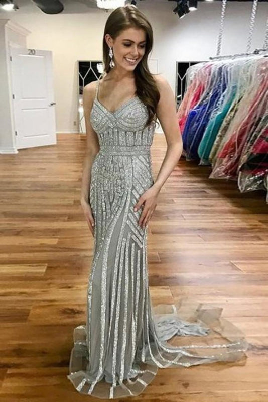 Graceful Graceful Fabulous Gray Spaghetti Strap Sparkly Evening Sexy Long Mermaid Prom Dress - Prom Dresses