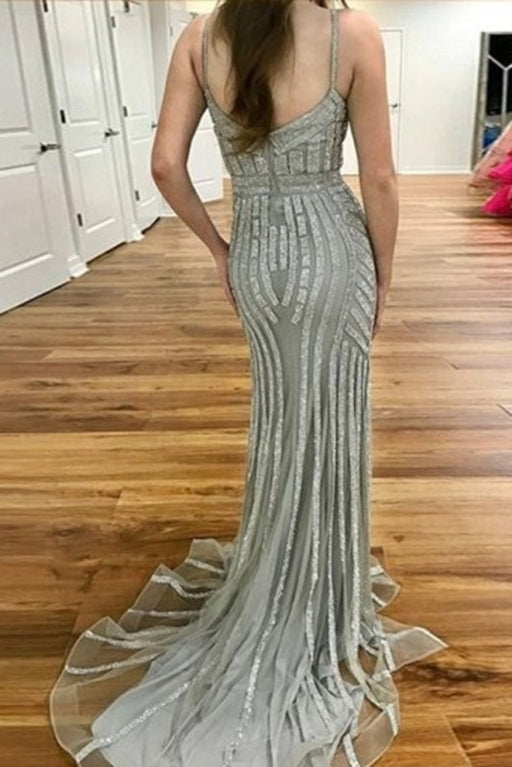Graceful Graceful Fabulous Gray Spaghetti Strap Sparkly Evening Sexy Long Mermaid Prom Dress - Prom Dresses
