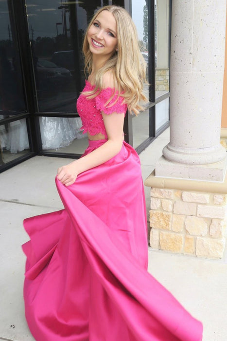 Graceful Graceful Fuchsia Off Shoulder Prom Dress with Lace Two Piece Long Satin Formal Dresses - Prom Dresses