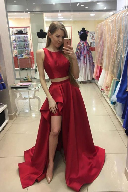 Graceful Precious A-line Red Sleeveless Two Piece Long Satin Prom Evening Dress For Teens - Prom Dresses