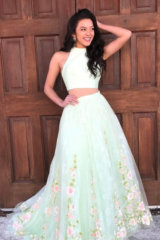 Graceful Wonderful Elegant Two Piece Mint Green Jewel Sleeveless A-line Floral Long Prom Dress - Prom Dresses