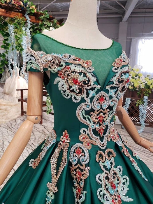 Green Ball Gown Appliqued Prom Short Sleeves Long Quinceanera Dress with Beading - Prom Dresses