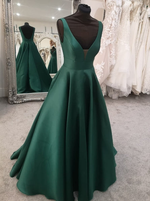 Green Satin V Neck Open Back Long Prom Dresses, V Neck Green Formal Evening Dresses 