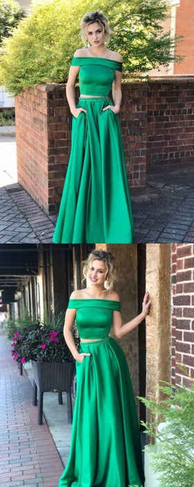 Green Two Pieces Off Shoulder Satin Long Prom Dresses with Pocket, Two Pieces Green Formal Dresses, Green Evening Dresses