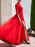 Half Sleeves Red Long Prom Dresses with High Slit, Long Red Formal Evening Dresses 