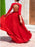 Half Sleeves Red Long Prom Dresses with High Slit, Long Red Formal Evening Dresses 