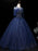 Half Sleeves Round Neck Navy Blue Beaded Long Prom Dresses, Shiny Beaded Navy Blue Formal Evening Dresses, Navy Blue Ball Gown 