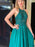 Halter Neck Open Back Green Lace Long Prom Dresses, Green Chiffon Lace Formal Graduation Evening Dresses 