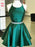 Halter Neck Short Emerald Green Prom Dresses with Belt, Short Emerald Green Formal Graduation Homecoming Dresses