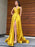 Halter V Neck Backless Yellow Long Prom Dresses with High Slit, Backless Yellow Formal Graduation Evening Dresses 
