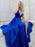 Halter V Neck Open Back Royal Blue Long Prom Dresses with High Slit, Backless Royal Blue Formal Evening Dresses