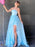 High Low Strapless Light Blue Floral Long Prom Dresses with Slit, High Slit Light Blue Formal Evening Dresses