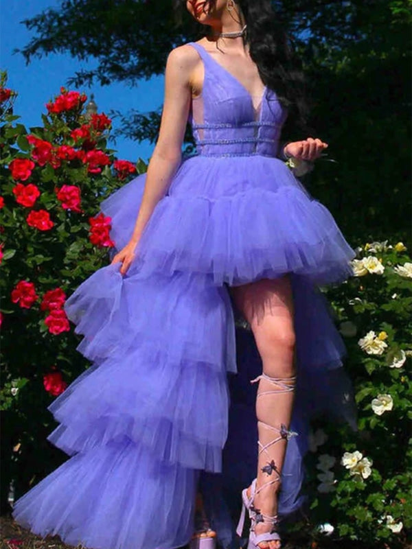 High Low V Neck Lilac Tulle Layered Long Prom Dresses, High Low Purple Formal Evening Dresses 