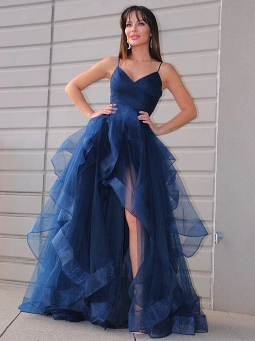 Long Sleeve Dusty Blue Prom Dresses with Side Slit FD1534 – Viniodress