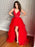 High Low V Neck Red Lace Long Prom Dresses, Backless Red Lace Formal Dresses, Red Lace Evening Dresses 