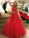 High Neck 2 Pieces Red Lace Long Prom Dresses, Two Pieces Red Lace Formal Dresses, Red Lace Evening Dresses