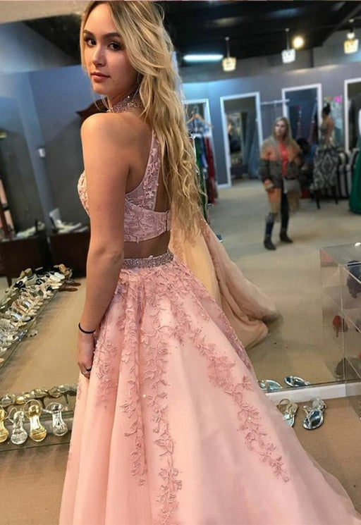 High Neck Two Pieces Lace Appliques Pink Prom Dresses, Pink Lace Formal Dresses, Two Pieces Pink Evening Dresses