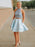 High Neck Two Pieces Light Blue Short Prom Dresses with Pockets, 2 Pieces Layered Light Blue Formal Graduation Homecoming Dresses