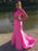 Hot Pink Long Sleeves Mermaid Two Pieces Lace Prom Dresses, Long Sleeves Mermaid Hot Pink Formal Dresses, Two Pieces Mermaid Hot Pink Evening Dresses
