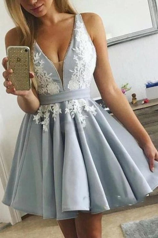 Hot V-Neck Appliques Mini Sleeveless Cocktail A Line Cute Short Homecoming Dress - Prom Dresses
