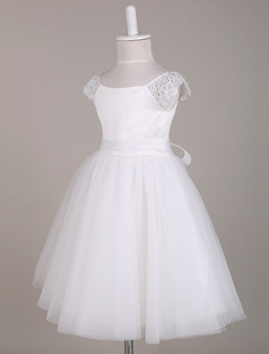 Flower Girl Dress Ivory Lace Cap Sleeves Tutu Dress Bateau Knee Length Short Kids Party Dresses