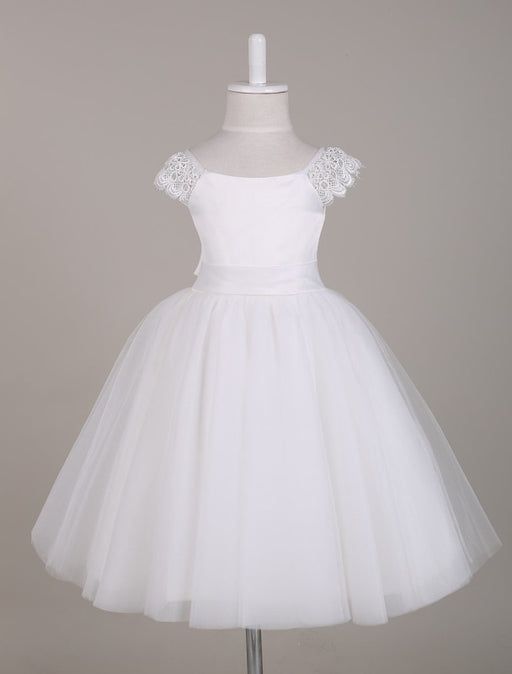 Flower Girl Dress Ivory Lace Cap Sleeves Tutu Dress Bateau Knee Length Short Kids Party Dresses