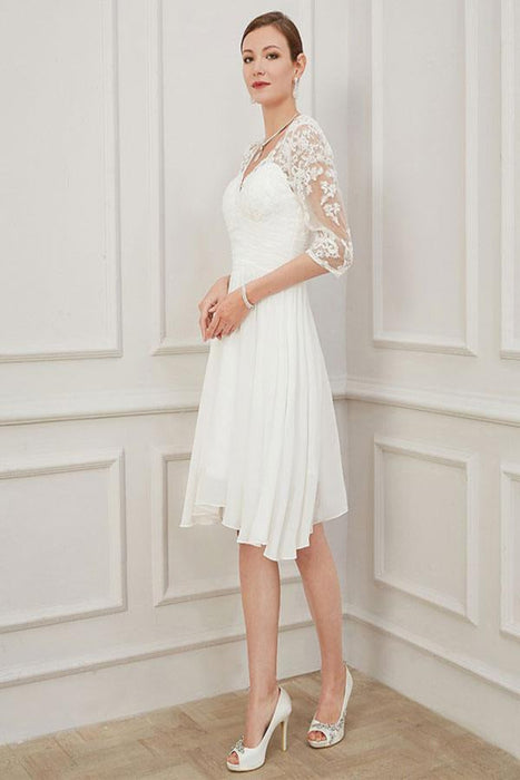 Ivory Short Wedding Dress Knee Length V Neck Half Sleeves A Line Natural Waist Chiffon Bridal Dresses