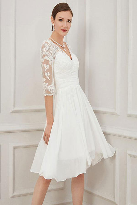 Ivory Short Wedding Dress Knee Length V Neck Half Sleeves A Line Natural Waist Chiffon Bridal Dresses