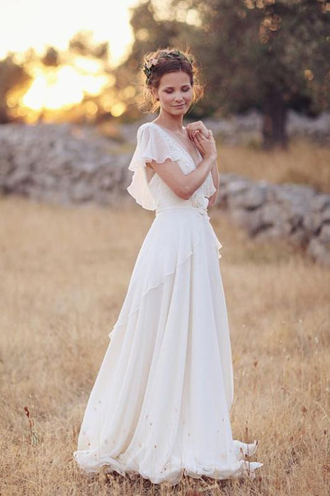 Ivory V Neck Chiffon Vintage Boho Wedding Dress Cheap - Bridelily