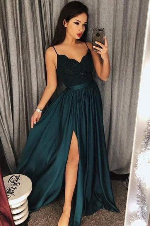 Jade Spaghetti Straps V neck Prom Dress with Lace Maxi High Split Evening Gowns - Prom Dresses