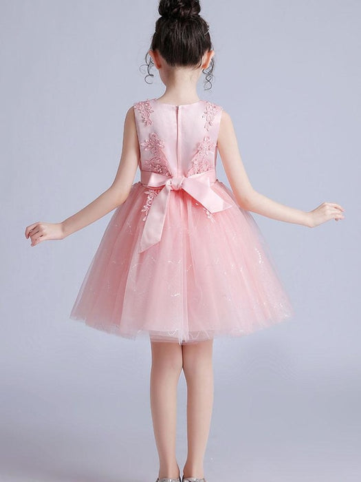 Flower Girl Dresses Pink Jewel Neck Short Sleeves Embroidered Formal Kids Pageant Dresses