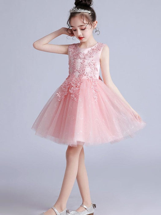 Flower Girl Dresses Pink Jewel Neck Short Sleeves Embroidered Formal Kids Pageant Dresses