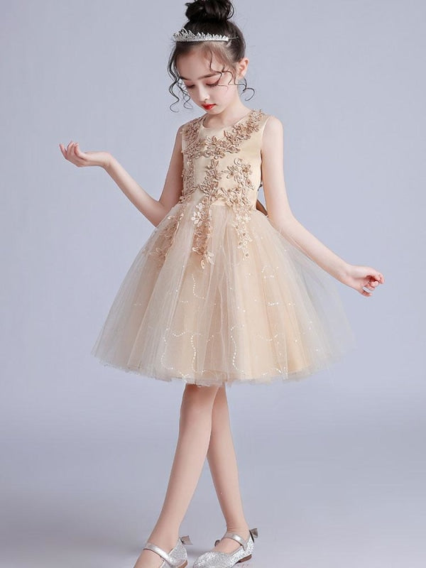 Flower Girl Dresses Pink Jewel Neck Short Sleeves Embroidered Formal Kids Pageant Dresses