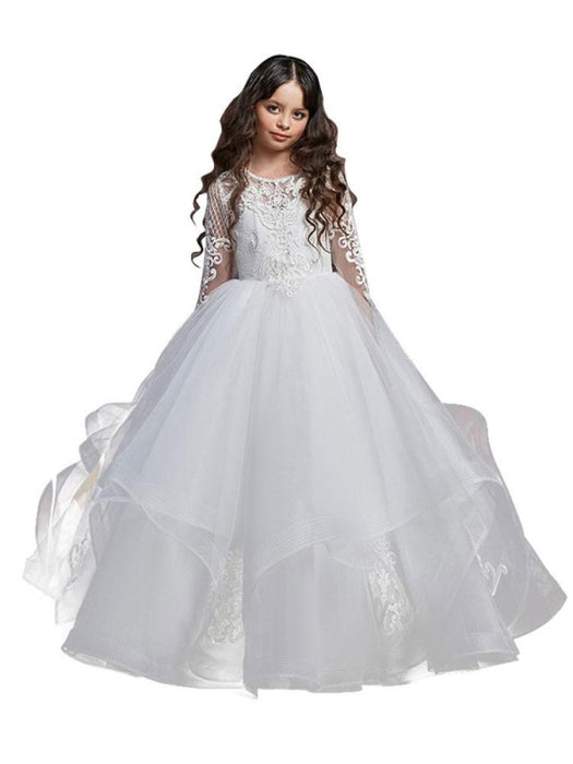 Flower Girl Dresses Jewel Neck Lace Long Sleeves Floor-Length Princess Silhouette Embroidered Kids Party Dresses