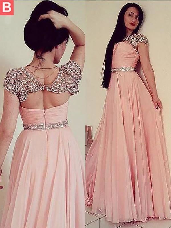 Jewel Sleeveless Floor-Length A-line With Beading Chiffon Dresses - Prom Dresses