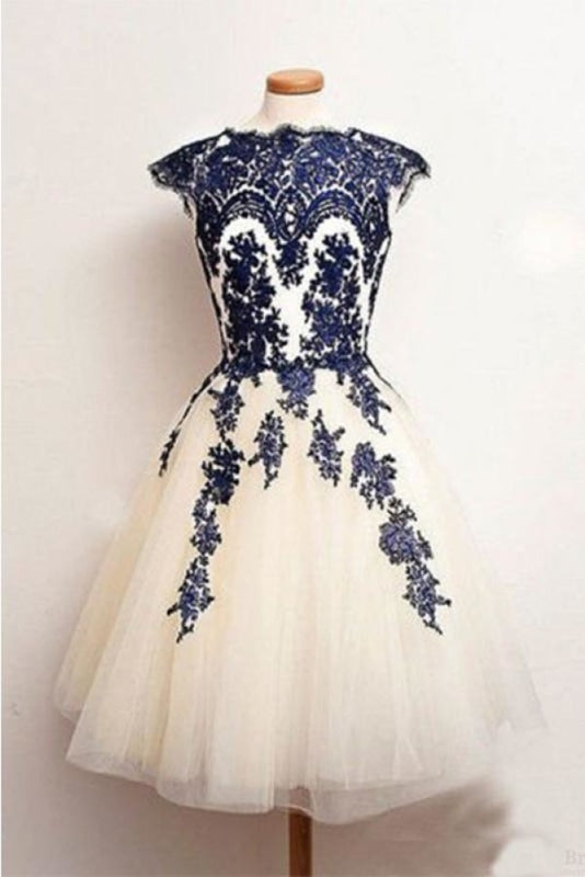 Knee Length Lace Applique Short Tulle Prom A Line Ivory Homecoming Party Dresses - Prom Dresses