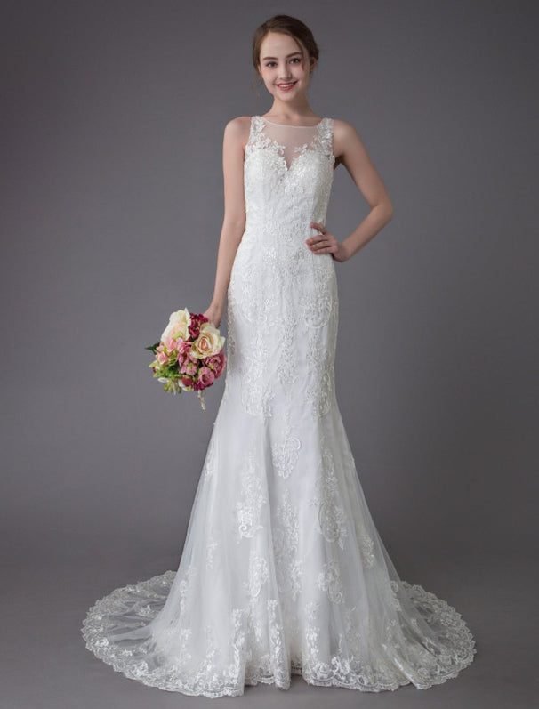 Lace Wedding Dress Ivory Illusion Neckline Sleeveless Chain Beach ...