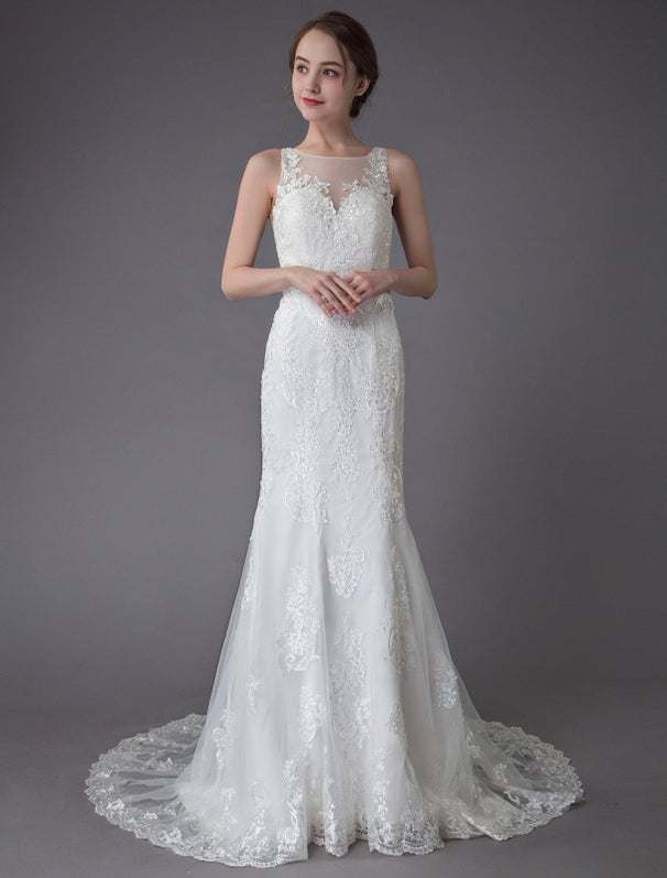 Lace Wedding Dress Ivory Illusion Neckline Sleeveless Chain Beach ...