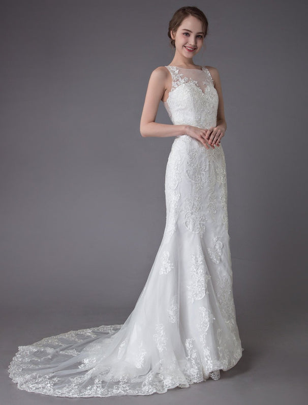 Lace Wedding Dress Ivory Illusion Neckline Sleeveless Chain Beach 