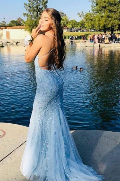 Gorgeous Light Blue Lace Applique Mermaid Prom Dress with Spaghetti Straps  and High Slit FD3460 - Light Blue / Custom Size