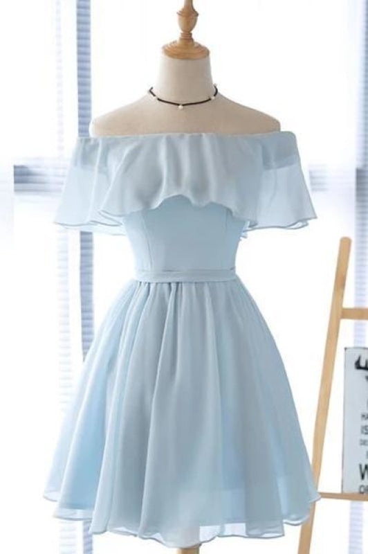 Light Blue Off the Shoulder Chiffon Homecoming Cute Short Graduation Dress - Prom Dresses