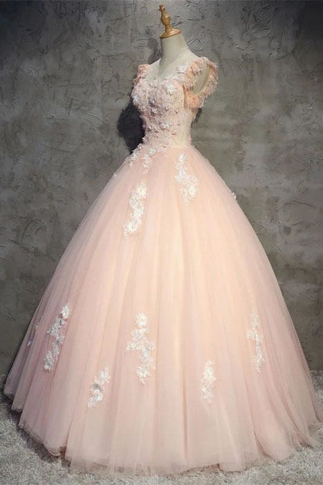 Light Peach Tulle Long Prom with Flowers Princess Ball Gown Sheer Neck Party Dress - Prom Dresses