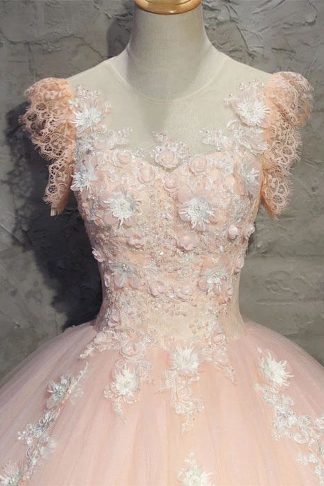 Light Peach Tulle Long Prom with Flowers Princess Ball Gown Sheer Neck Party Dress - Prom Dresses