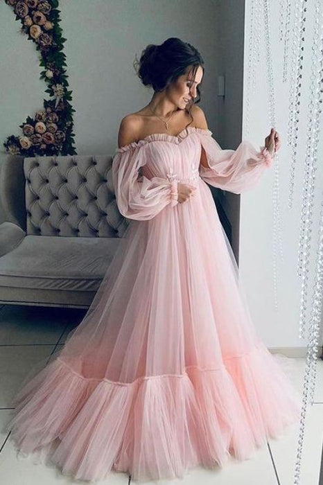 Light Pink Long Sleeves Prom Boho Off the Shoulder Beach Wedding Dresses - Prom Dresses