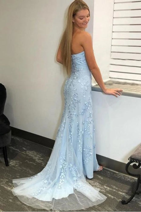 Light Sky Blue Mermaid Strapless Split Prom/Formal Dress With Lace Appliques - Prom Dresses