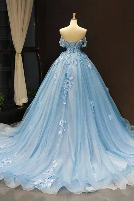 Light Sky Blue Off the Shoulder Ball Gown Tulle Prom Dress with Applique - Prom Dresses