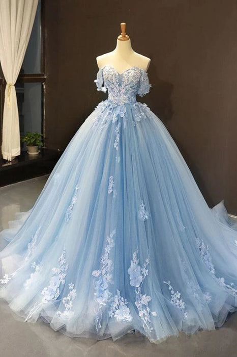 Light Sky Blue Off the Shoulder Ball Gown Tulle Prom Dress with Applique - Prom Dresses