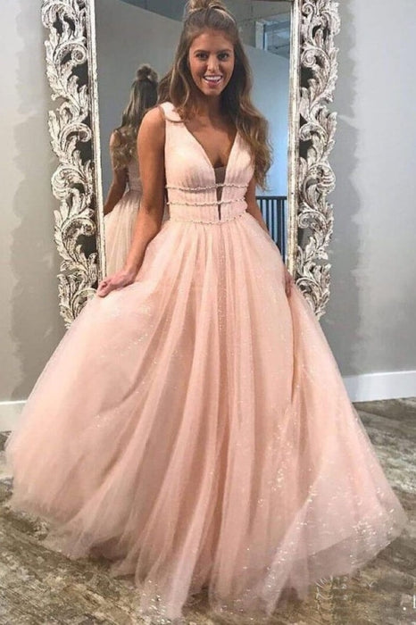 Light Sky Blue Sparkly Prom Charming Sleeveless V Neck Formal Dress - Prom Dresses