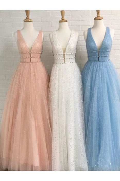 Light Sky Blue Sparkly Prom Charming Sleeveless V Neck Formal Dress - Prom Dresses