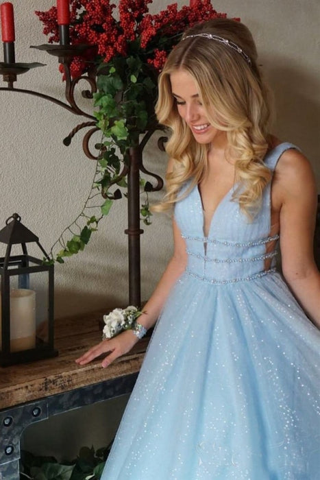 Light Sky Blue Sparkly Prom Charming Sleeveless V Neck Formal Dress - Prom Dresses